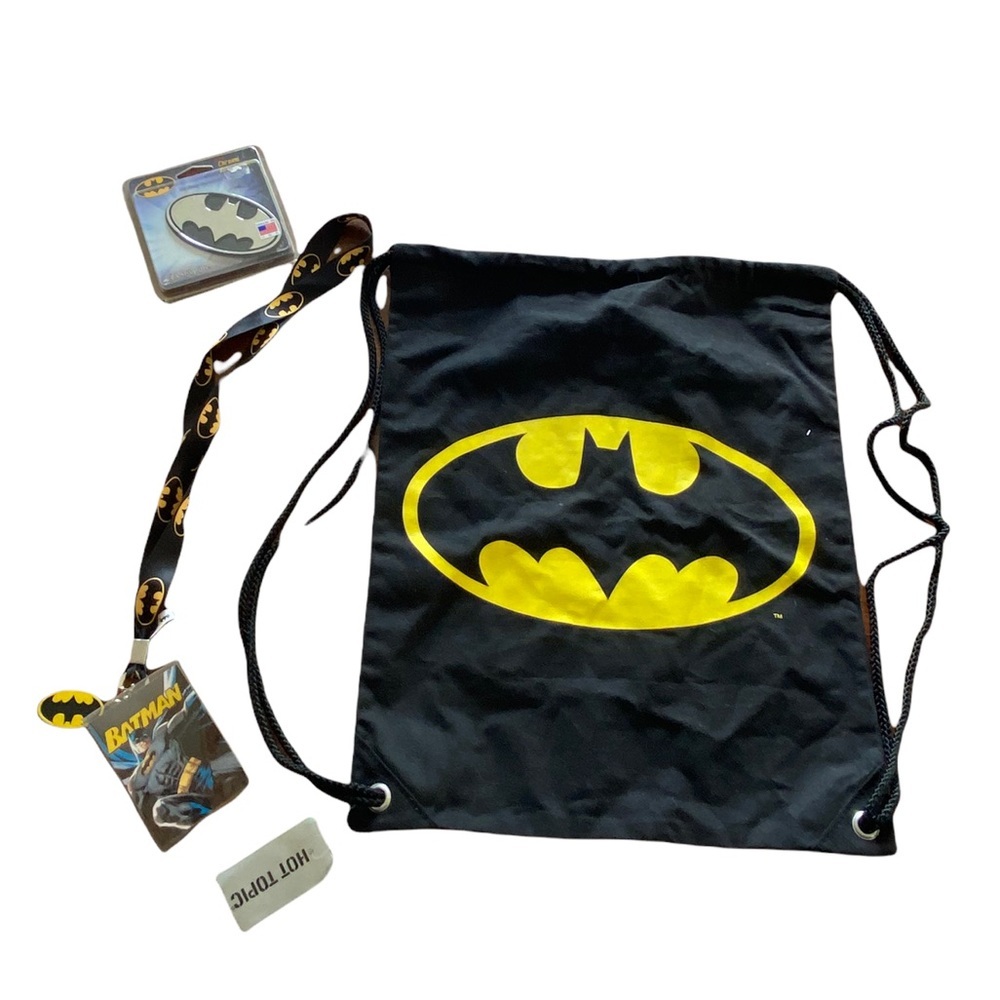 {Batman} Bundle pack- drawstring bag, chrome car decal and Lanyard nwt